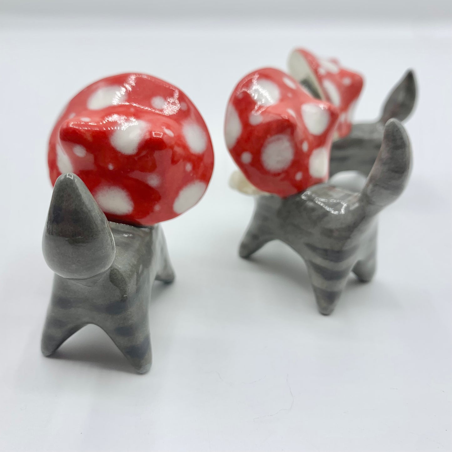 Grey Tabby Mushroom Kitty Ceramic Figurine