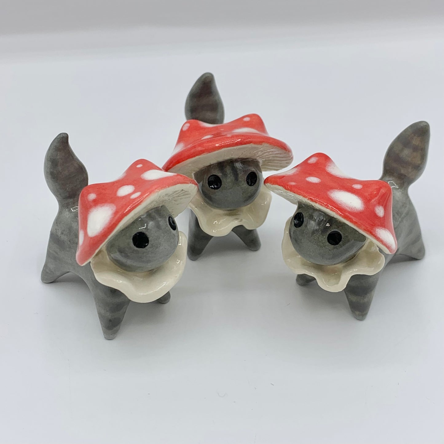 Grey Tabby Mushroom Kitty Ceramic Figurine