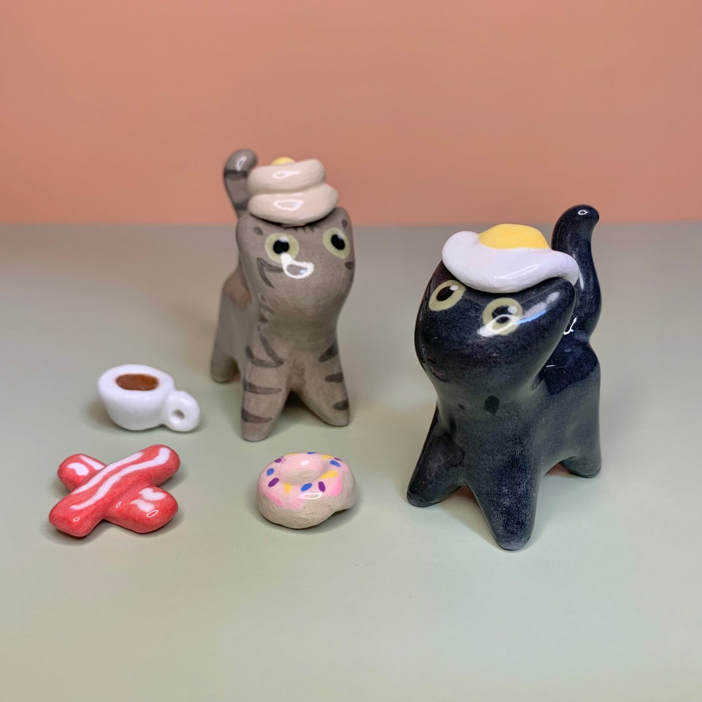 Breakfast Set Kitty Cat Ceramic Figurine with Magnetic Attachments