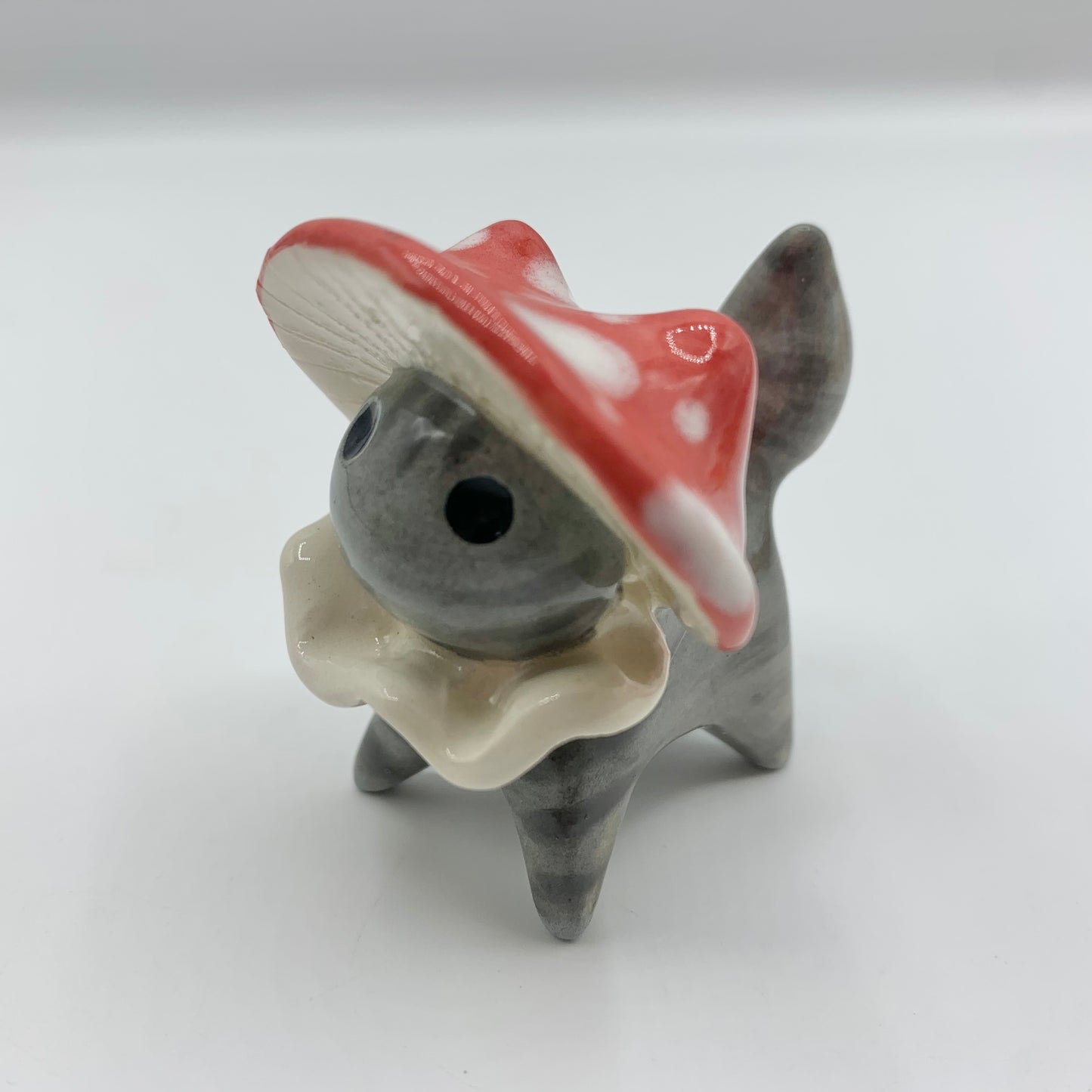 Grey Tabby Mushroom Kitty Ceramic Figurine