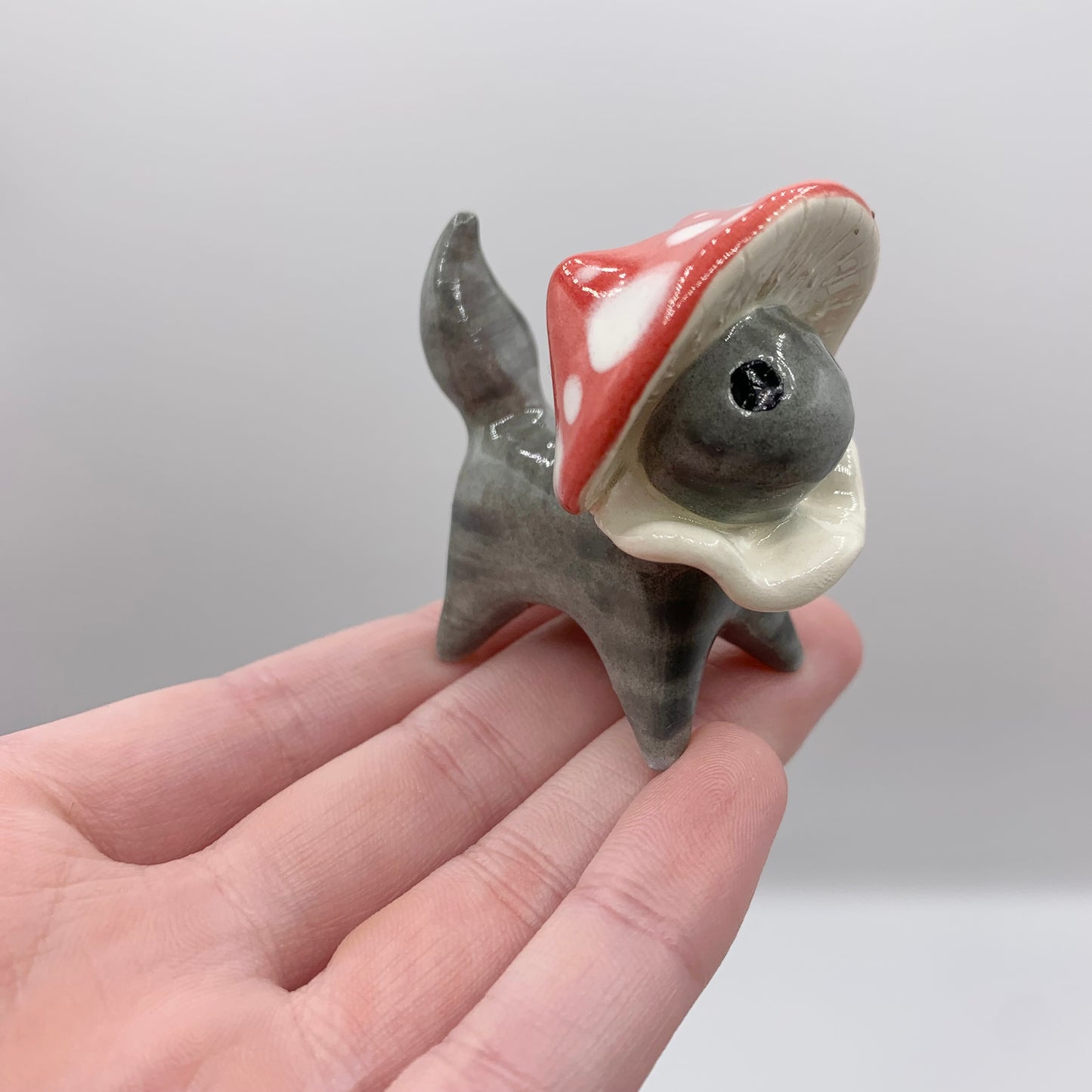 Grey Tabby Mushroom Kitty Ceramic Figurine