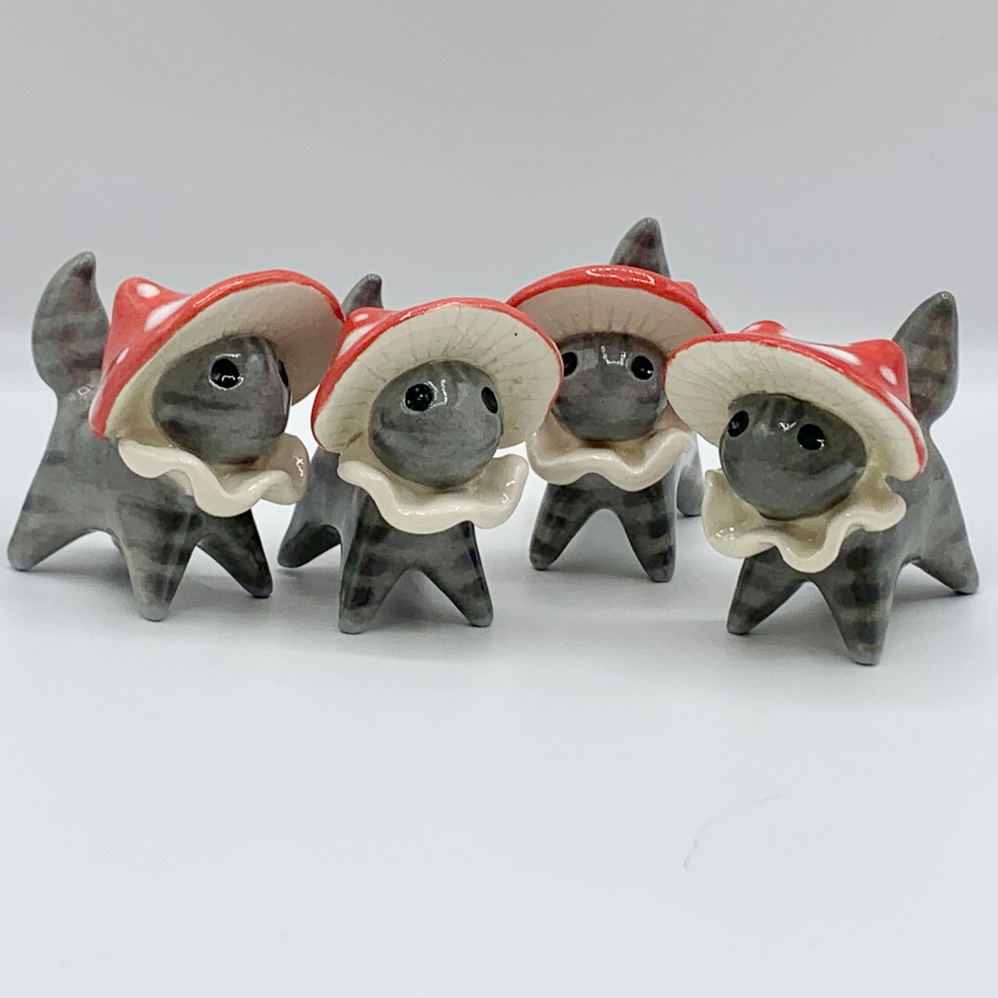 Grey Tabby Mushroom Kitty Ceramic Figurine