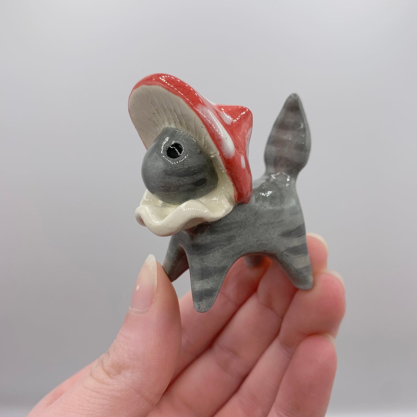 Grey Tabby Mushroom Kitty Ceramic Figurine