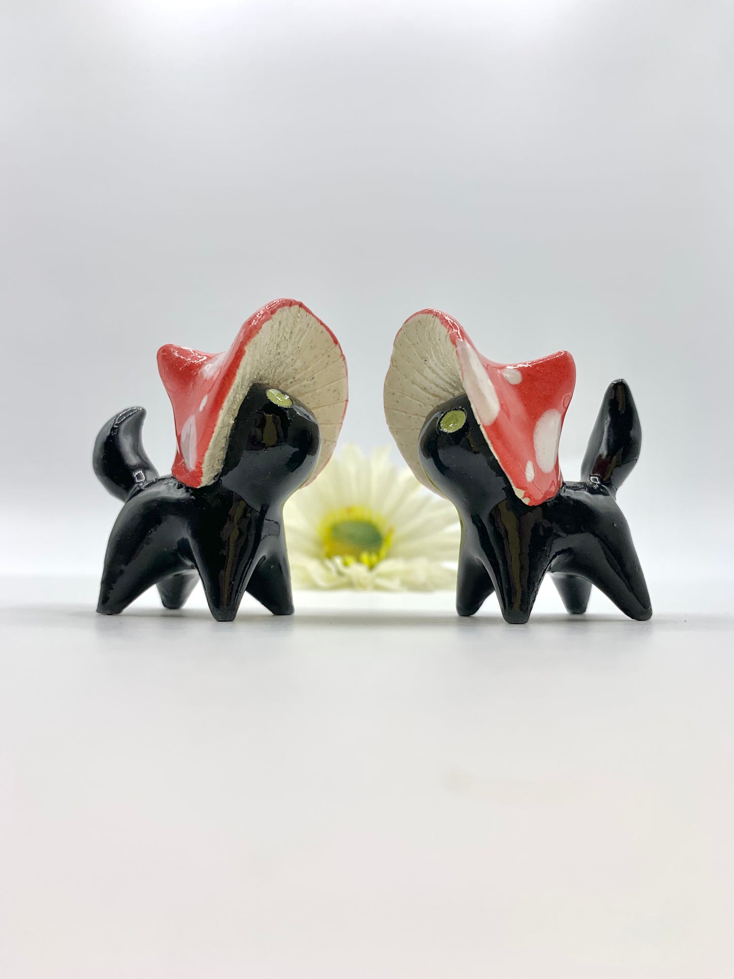 Mushroom Kitty Ceramic Figurine- Black Cat