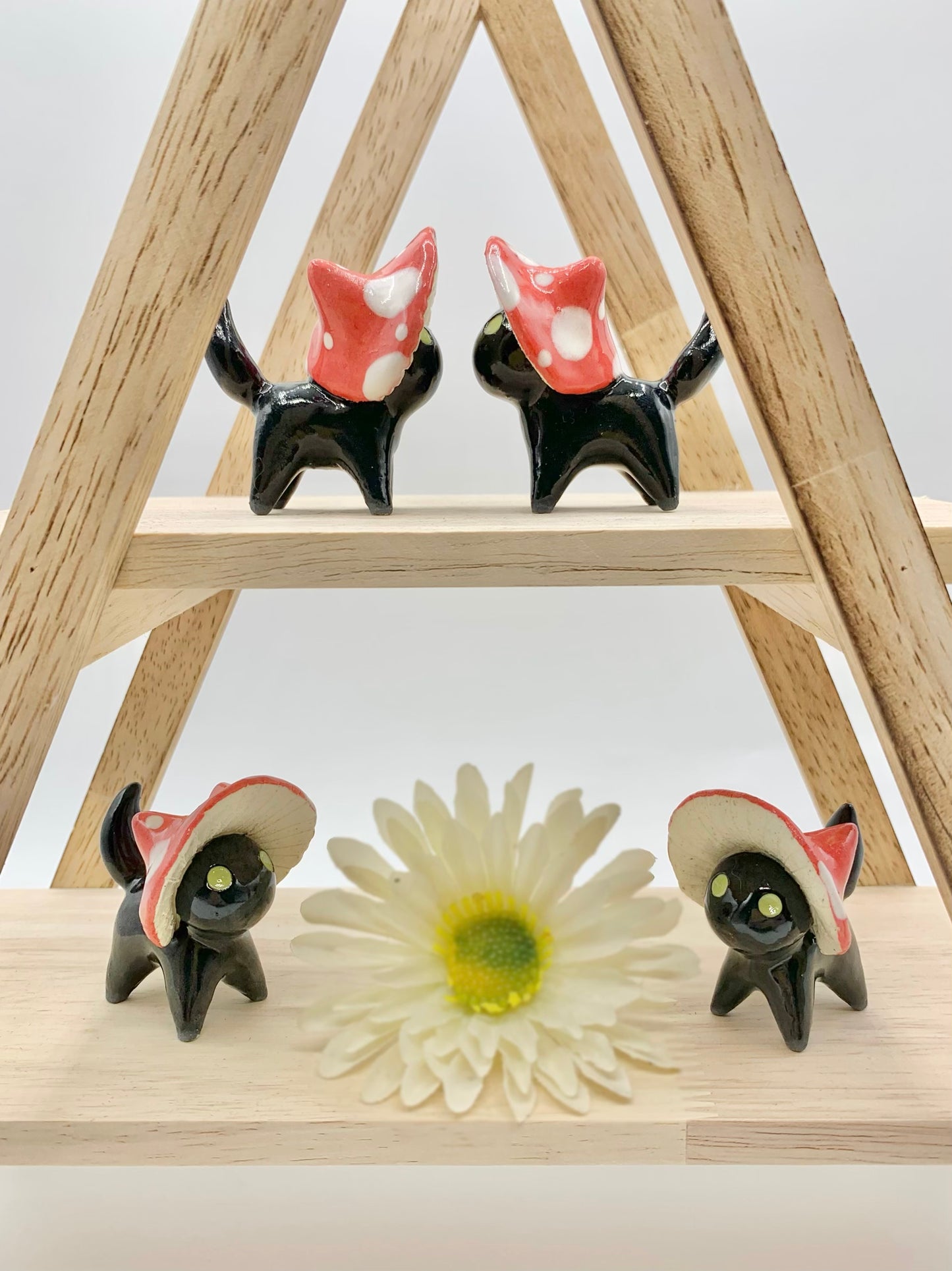 Mushroom Kitty Ceramic Figurine- Black Cat