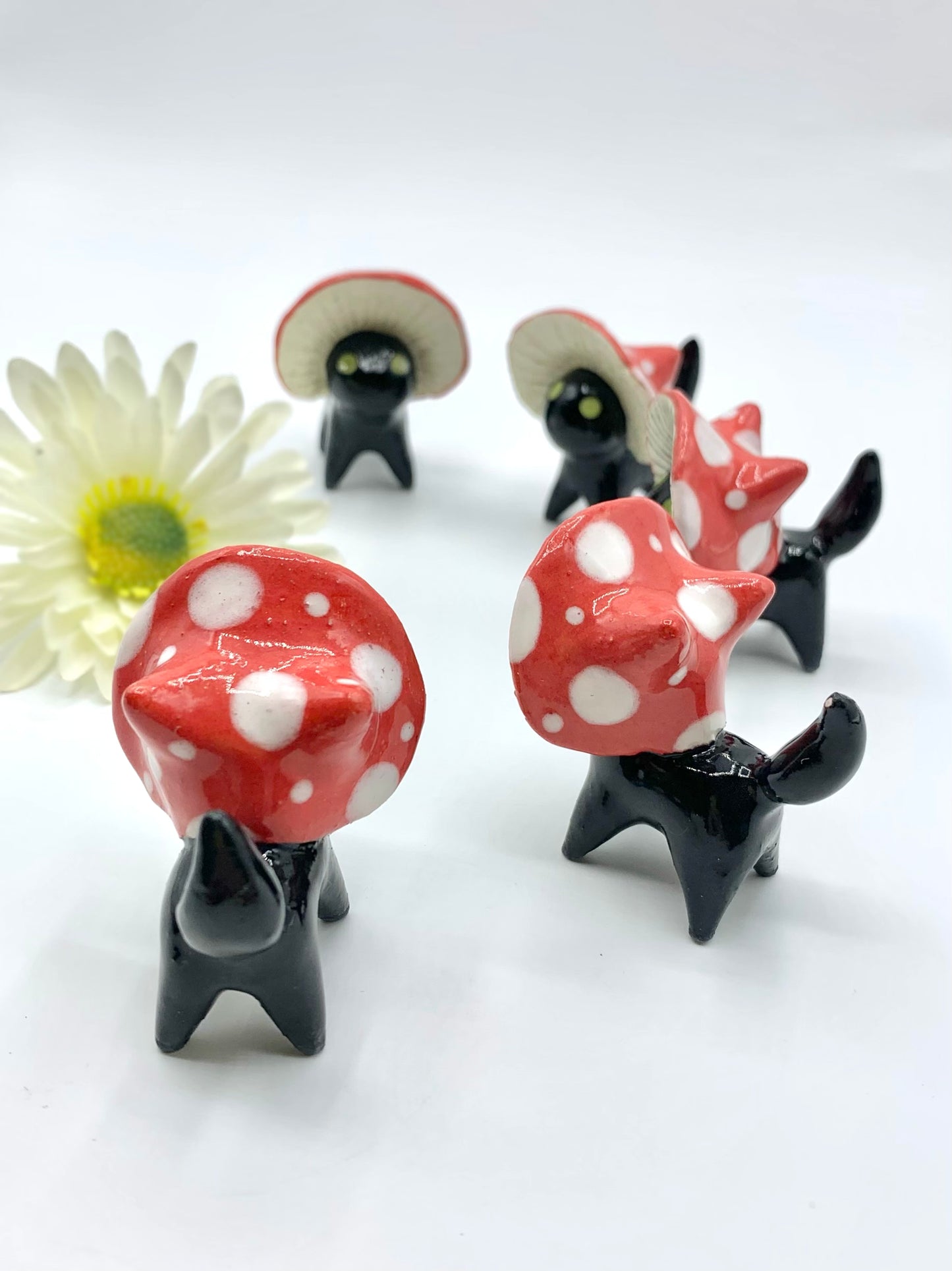 Mushroom Kitty Ceramic Figurine- Black Cat