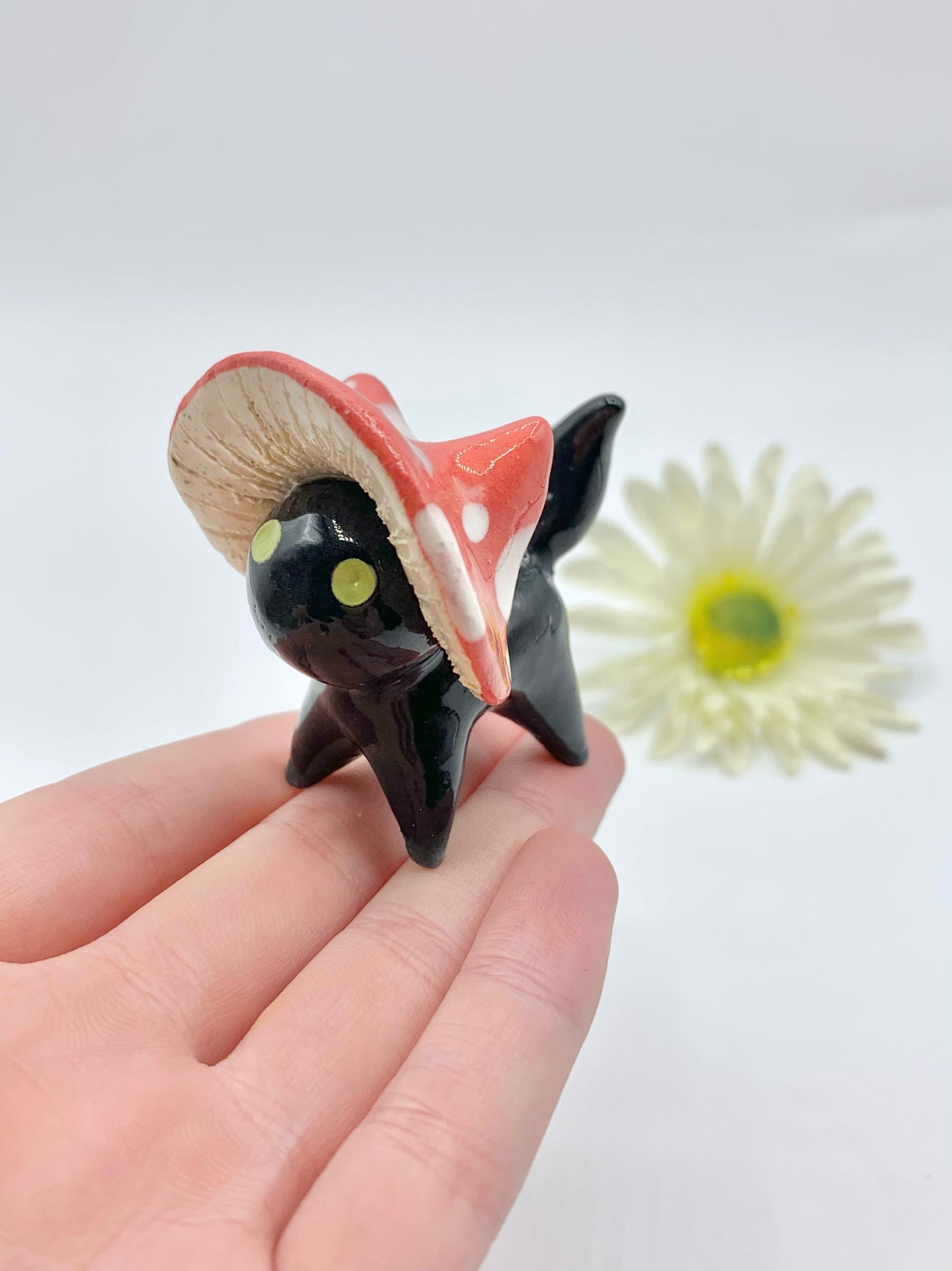 Mushroom Kitty Ceramic Figurine- Black Cat