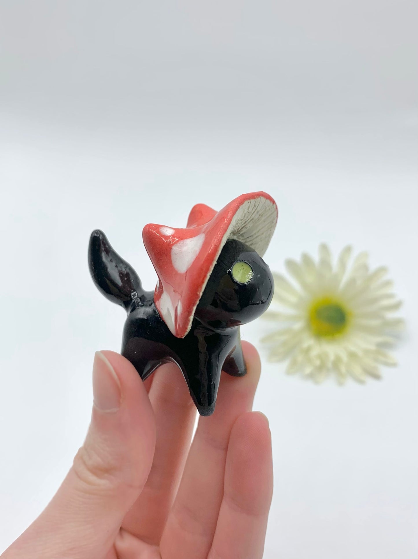 Mushroom Kitty Ceramic Figurine- Black Cat