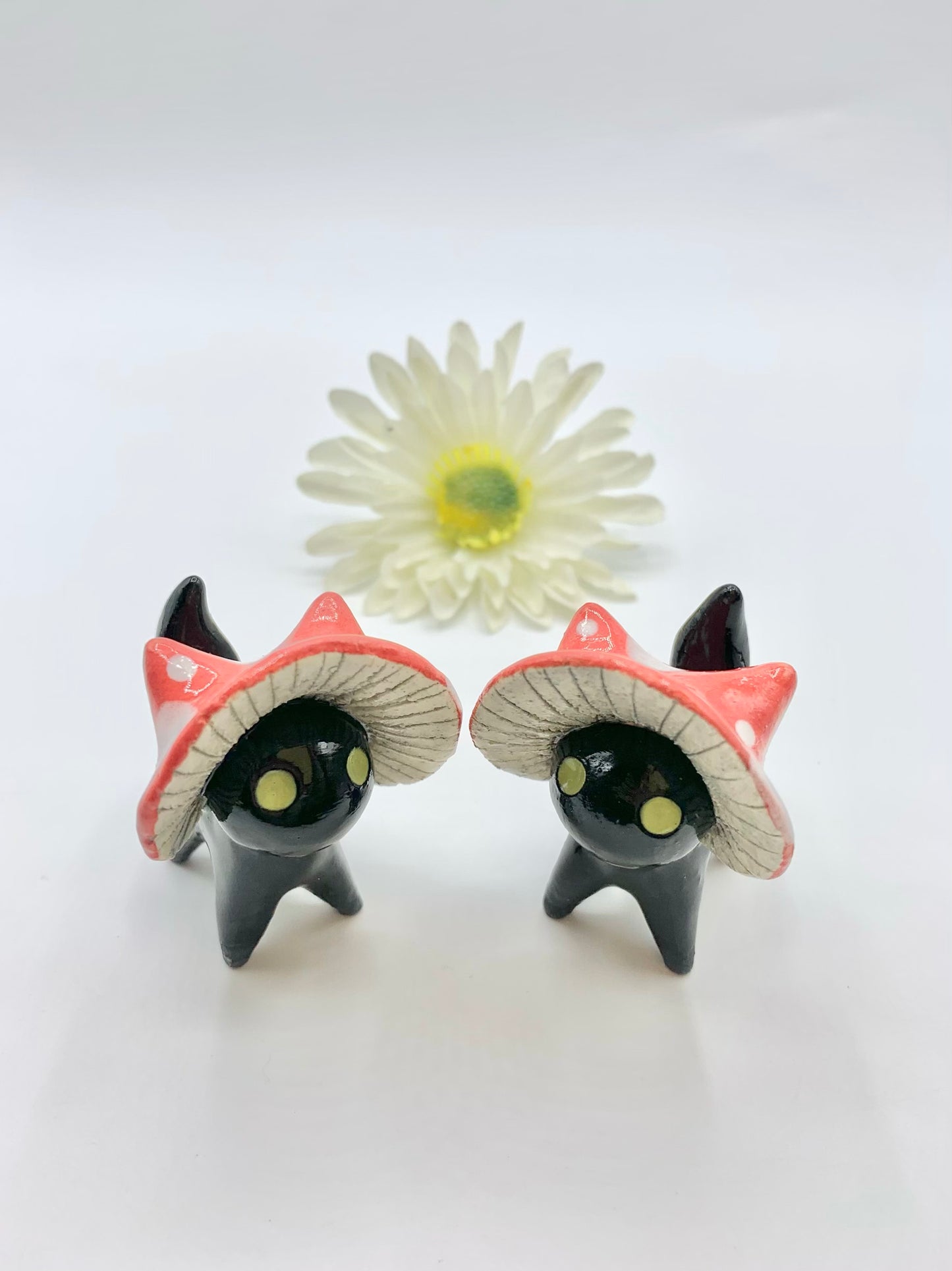 Mushroom Kitty Ceramic Figurine- Black Cat