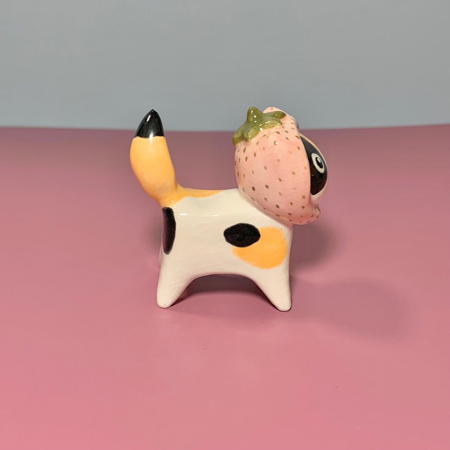 Strawberry Kitty Cat Ceramic Figurine