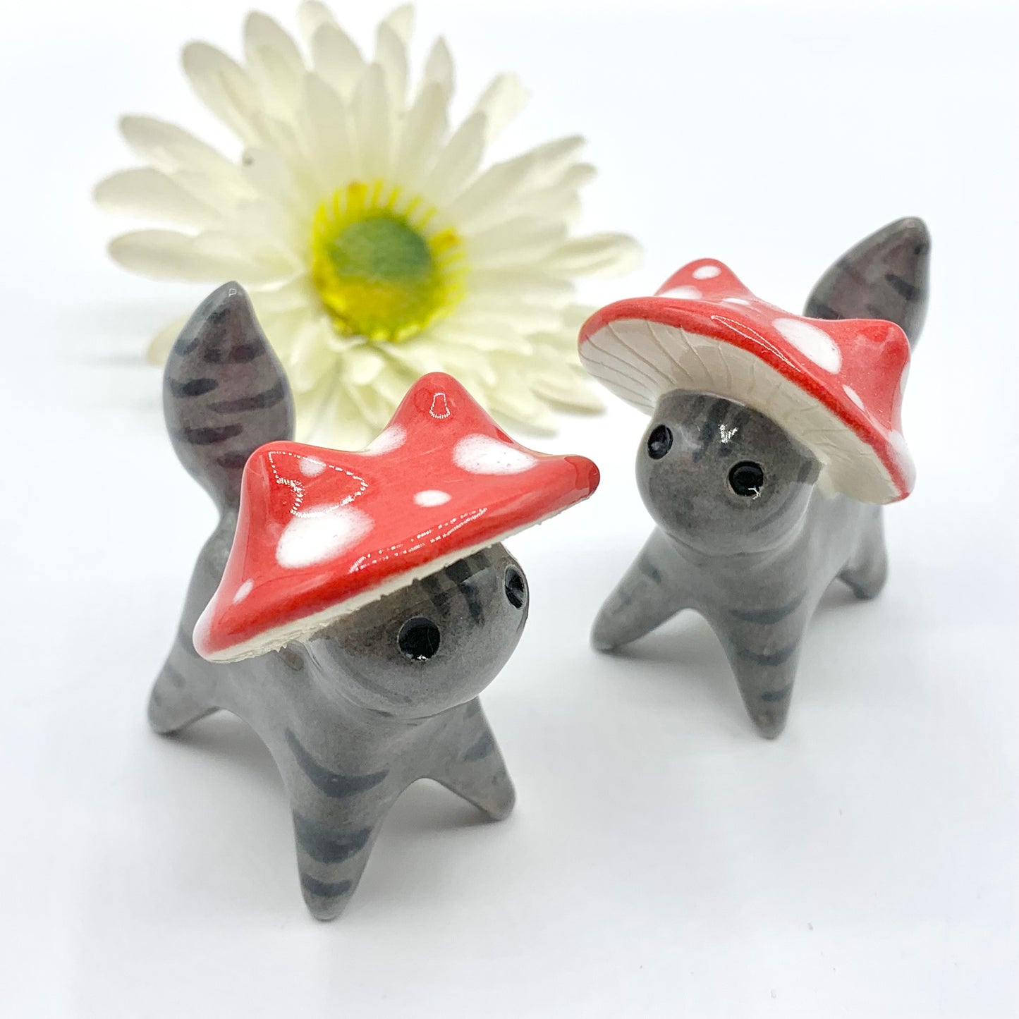 Grey Mushroom Kitty Ceramic Figurine