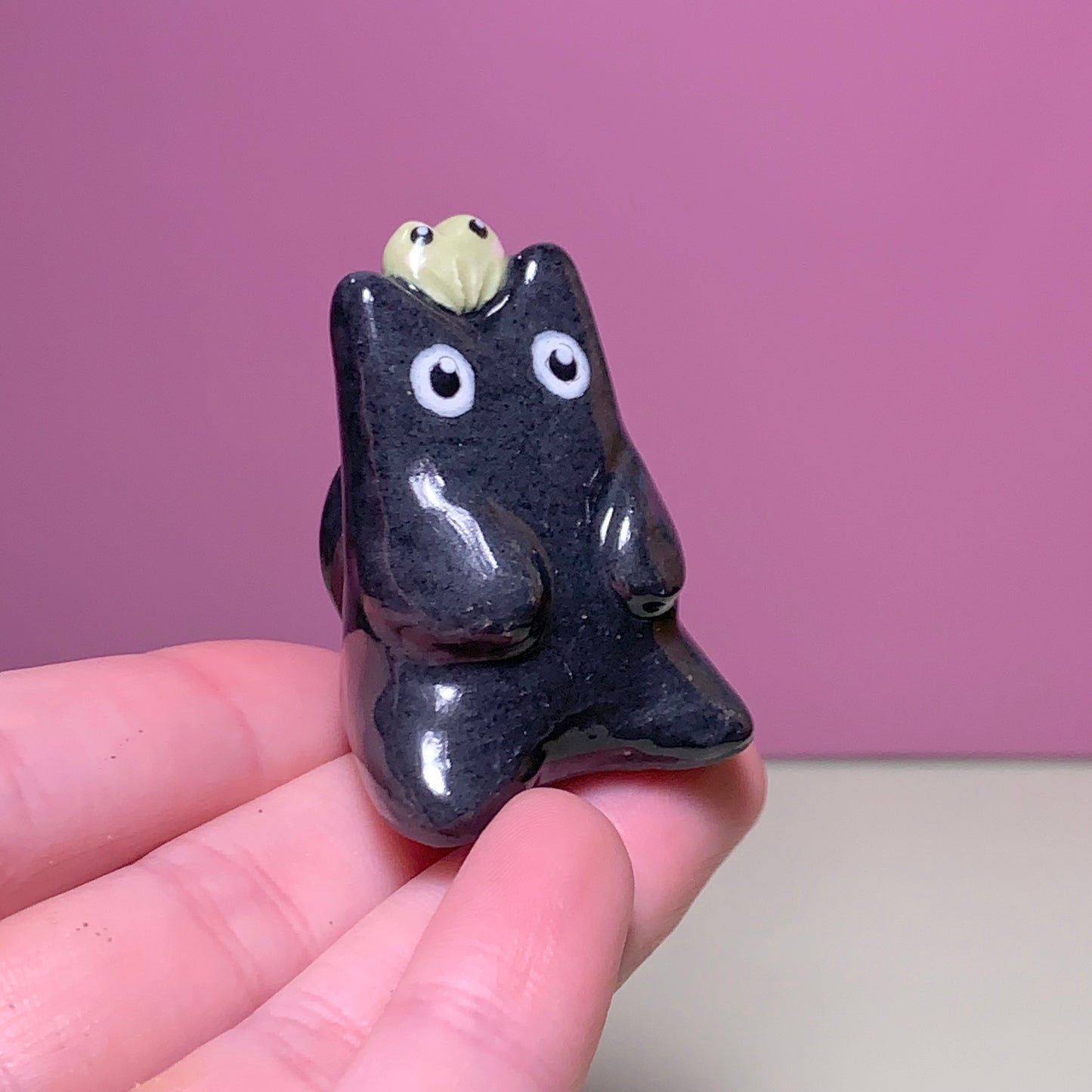 Black Cat with Frog Friend Ceramic Figurine