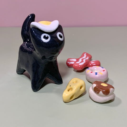 Breakfast Set Kitty Cat Ceramic Figurine with Magnetic Attachments