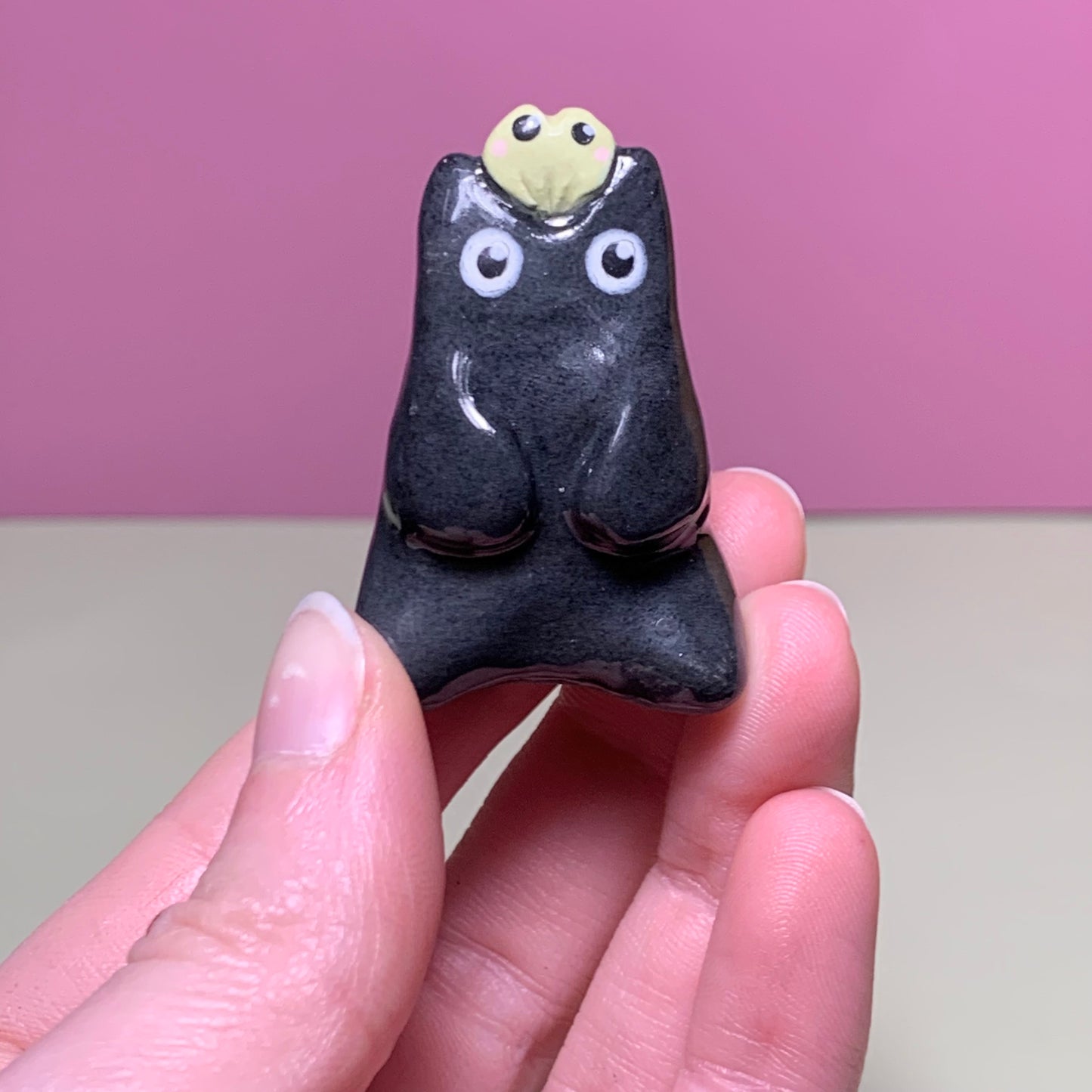 Black Cat with Frog Friend Ceramic Figurine