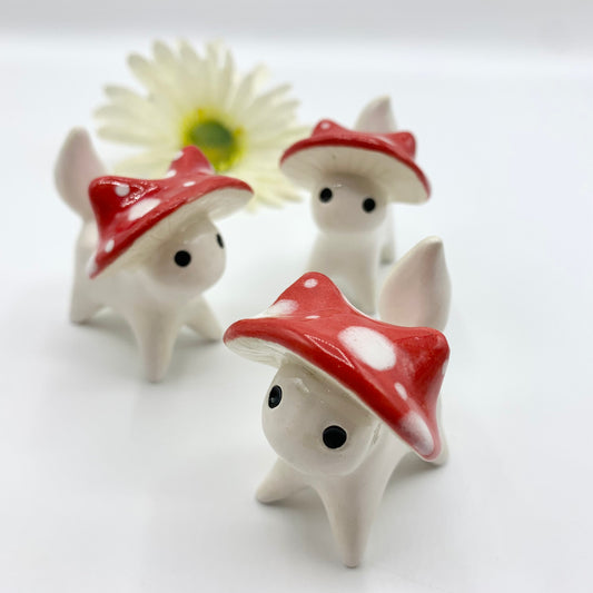 White Mushroom Kitty Ceramic Figurine