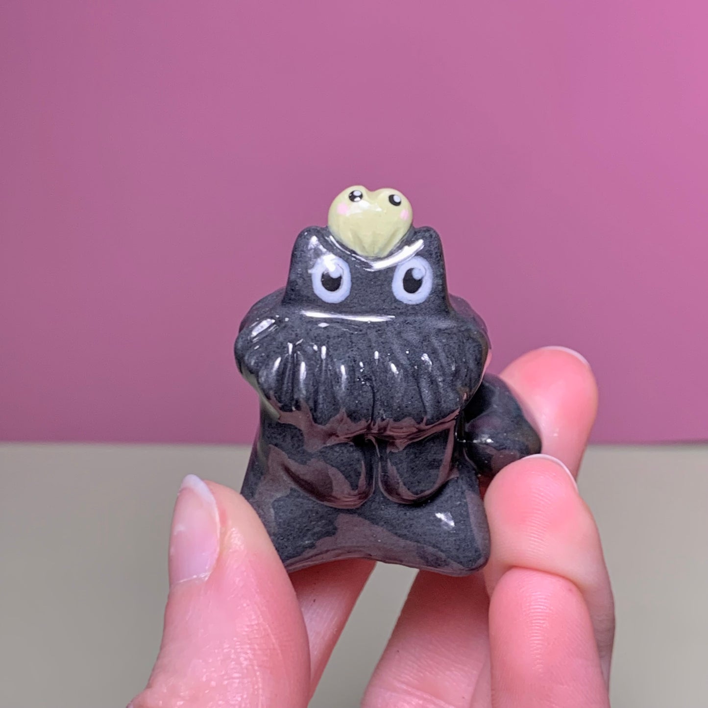 Fluffy Cat with Frog Friend Ceramic Figurine