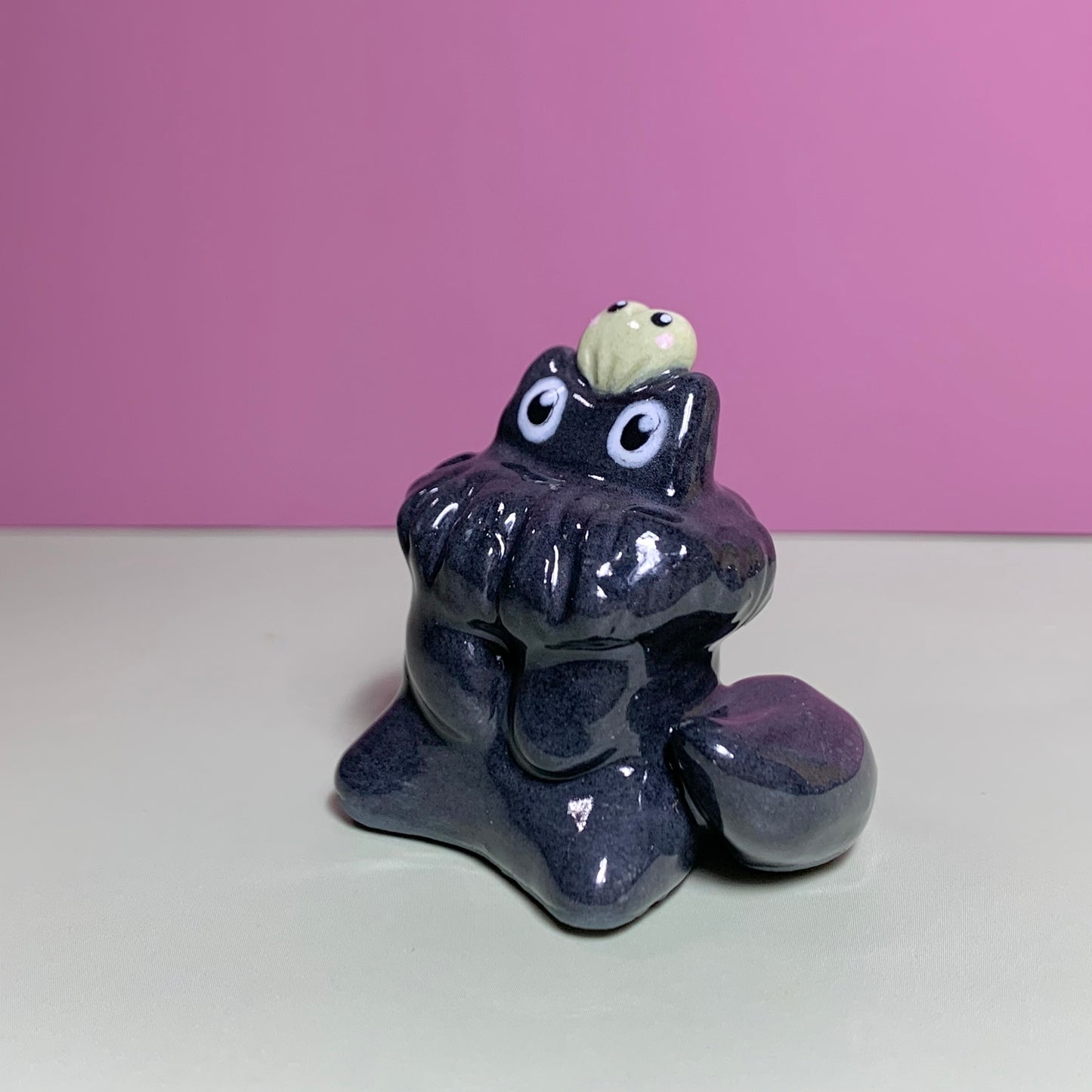 Fluffy Cat with Frog Friend Ceramic Figurine