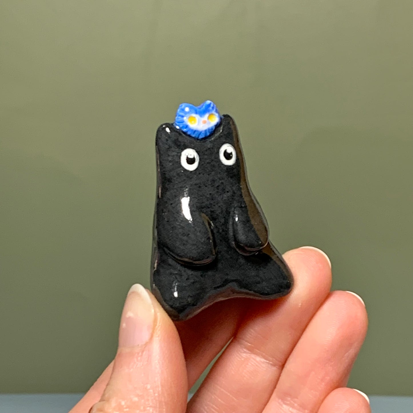 Black Cat with Bird Friend Ceramic Figurine