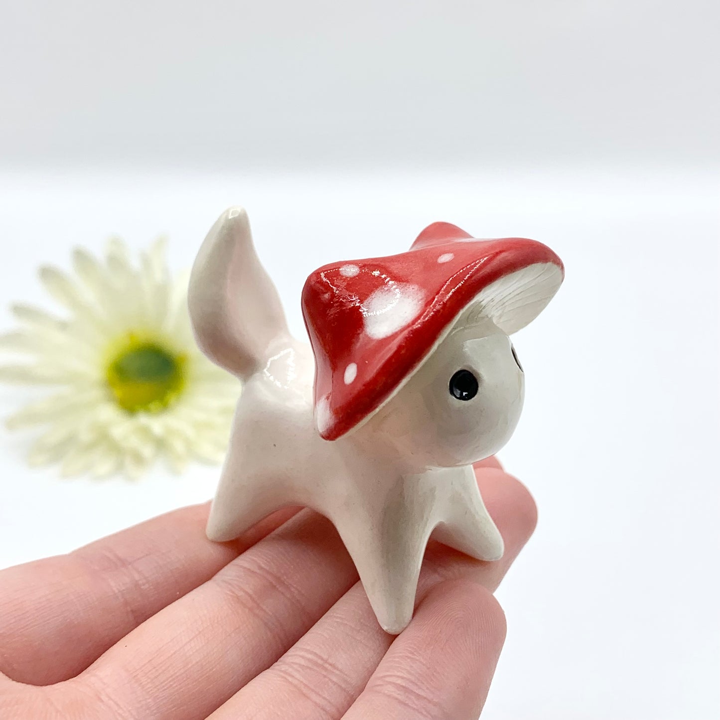 White Mushroom Kitty Ceramic Figurine