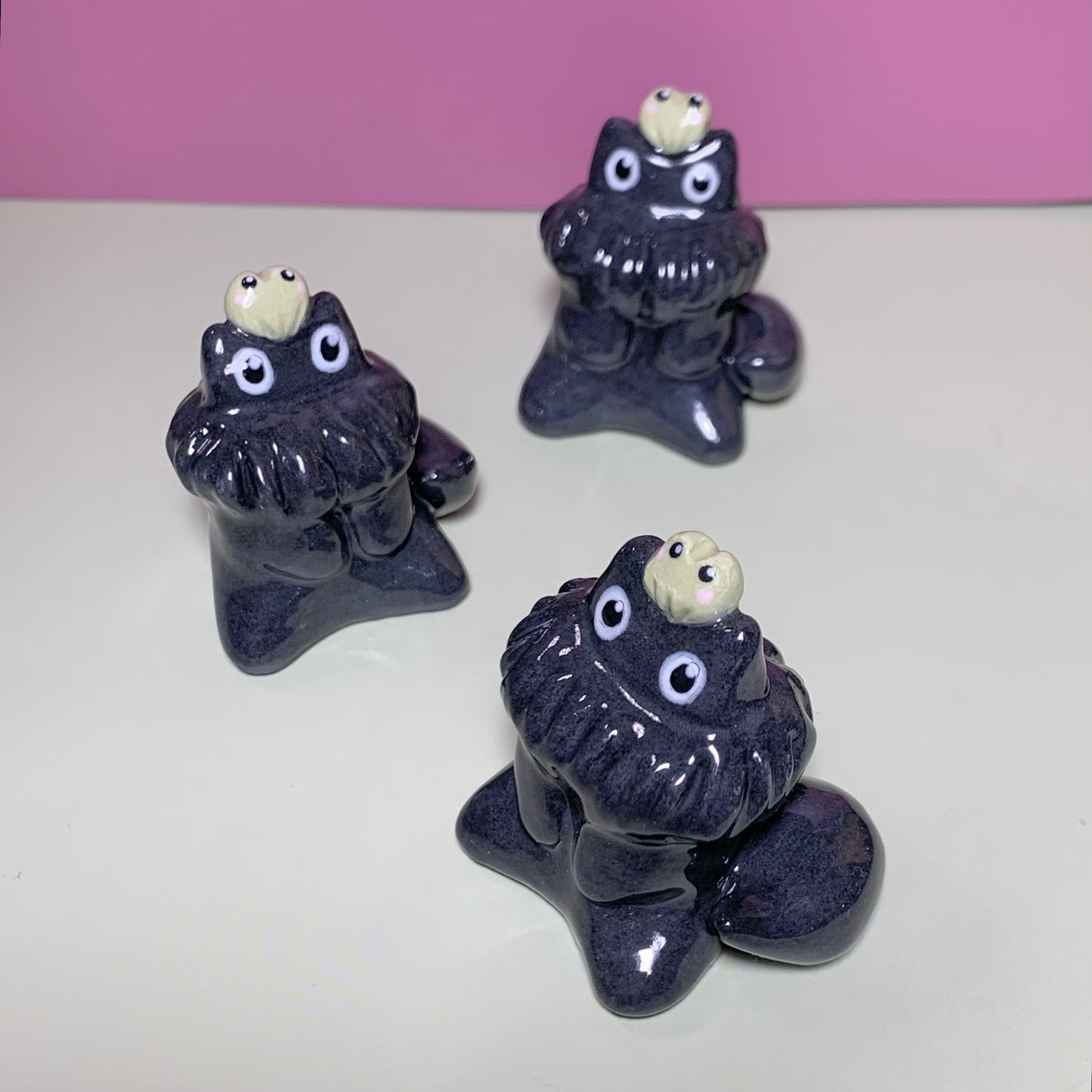 Fluffy Cat with Frog Friend Ceramic Figurine