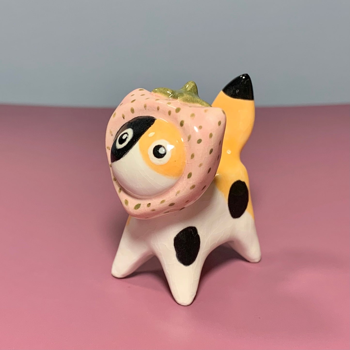 Strawberry Kitty Cat Ceramic Figurine