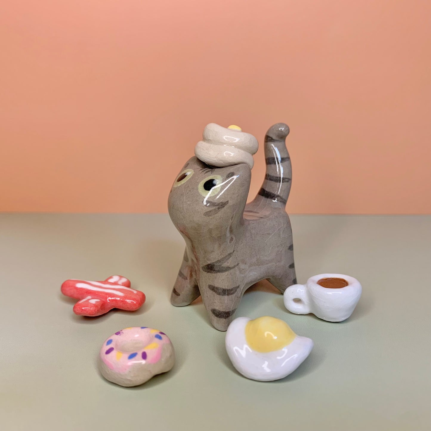 Breakfast Set Kitty Cat Ceramic Figurine with Magnetic Attachments