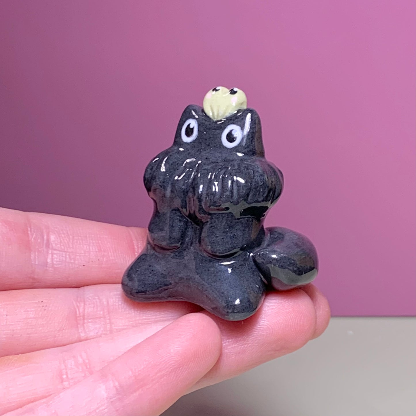 Fluffy Cat with Frog Friend Ceramic Figurine