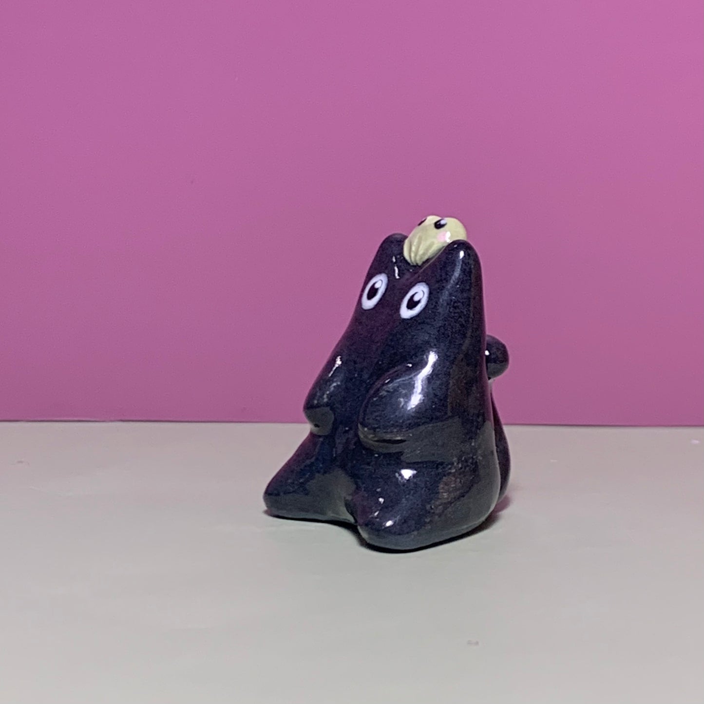 Black Cat with Frog Friend Ceramic Figurine