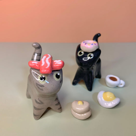 Breakfast Set Kitty Cat Ceramic Figurine with Magnetic Attachments