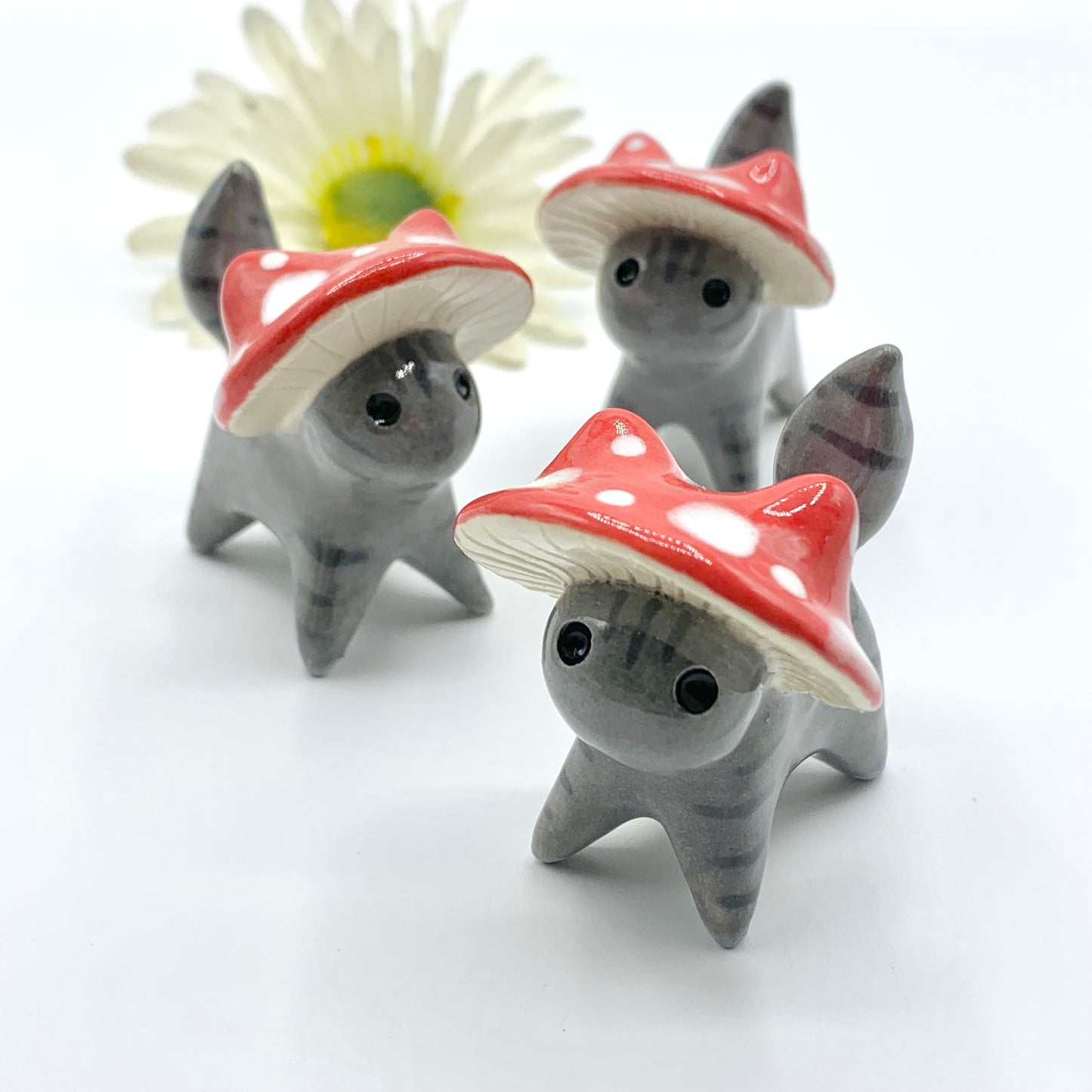 Grey Mushroom Kitty Ceramic Figurine