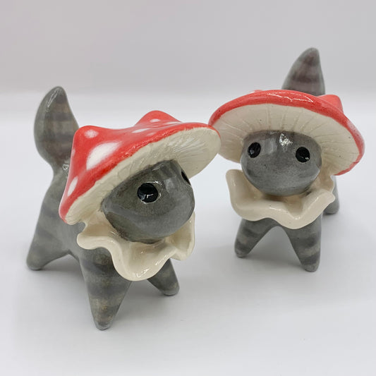 Grey Tabby Mushroom Kitty Ceramic Figurine