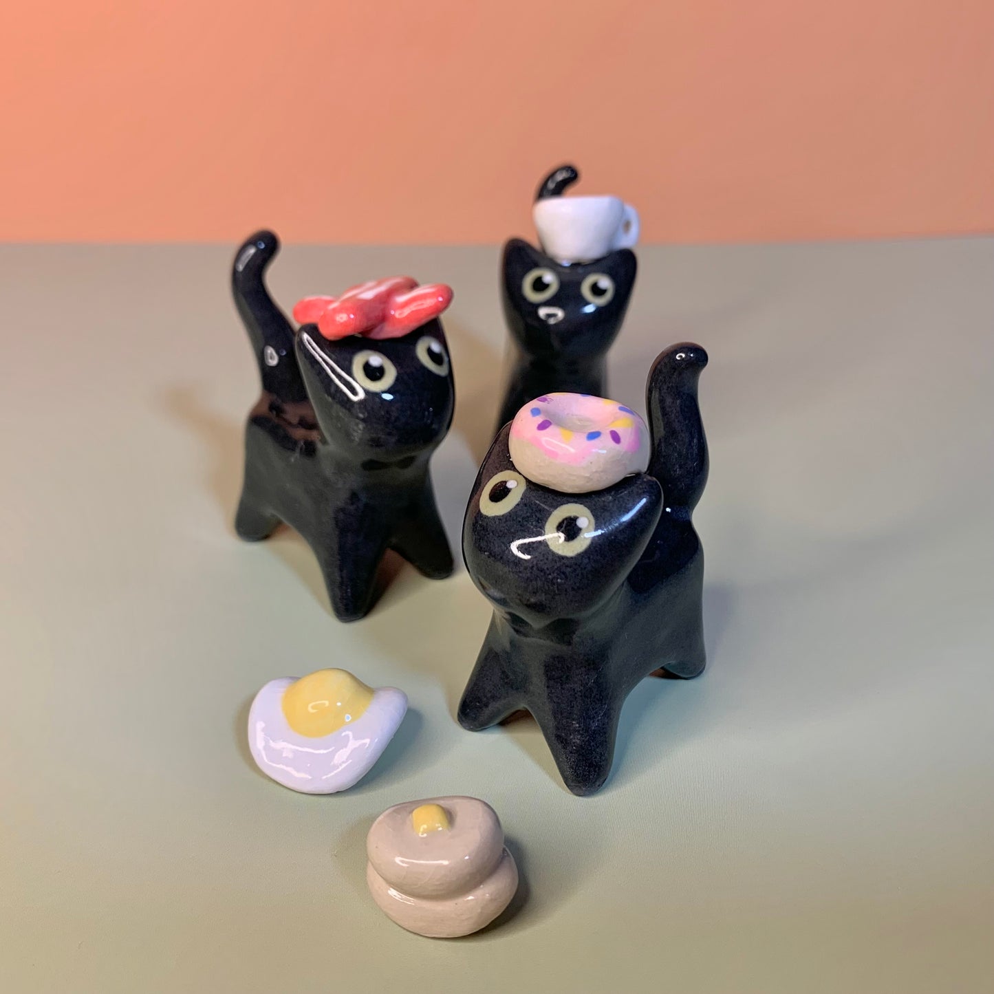 Breakfast Set Kitty Cat Ceramic Figurine with Magnetic Attachments