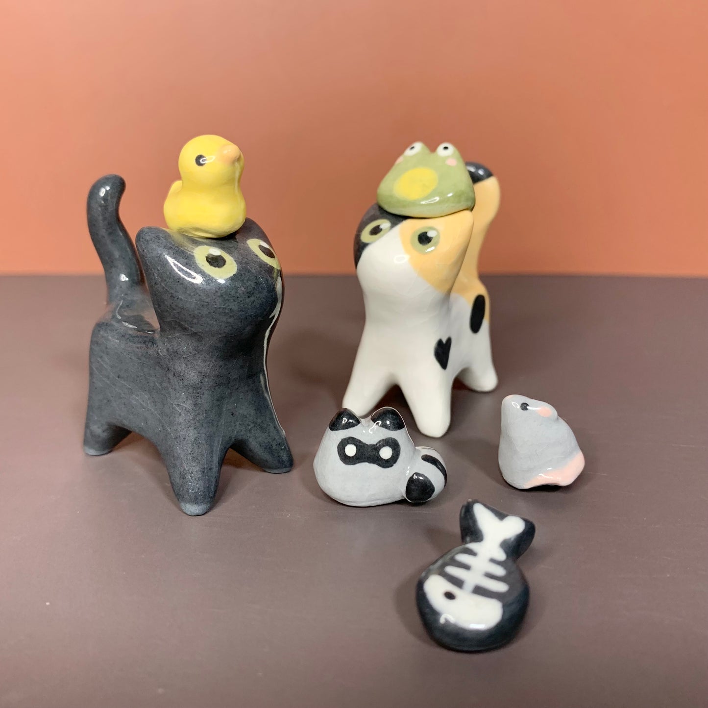 Animal Set Kitty Cat Ceramic Figurine with Magnetic Attachments