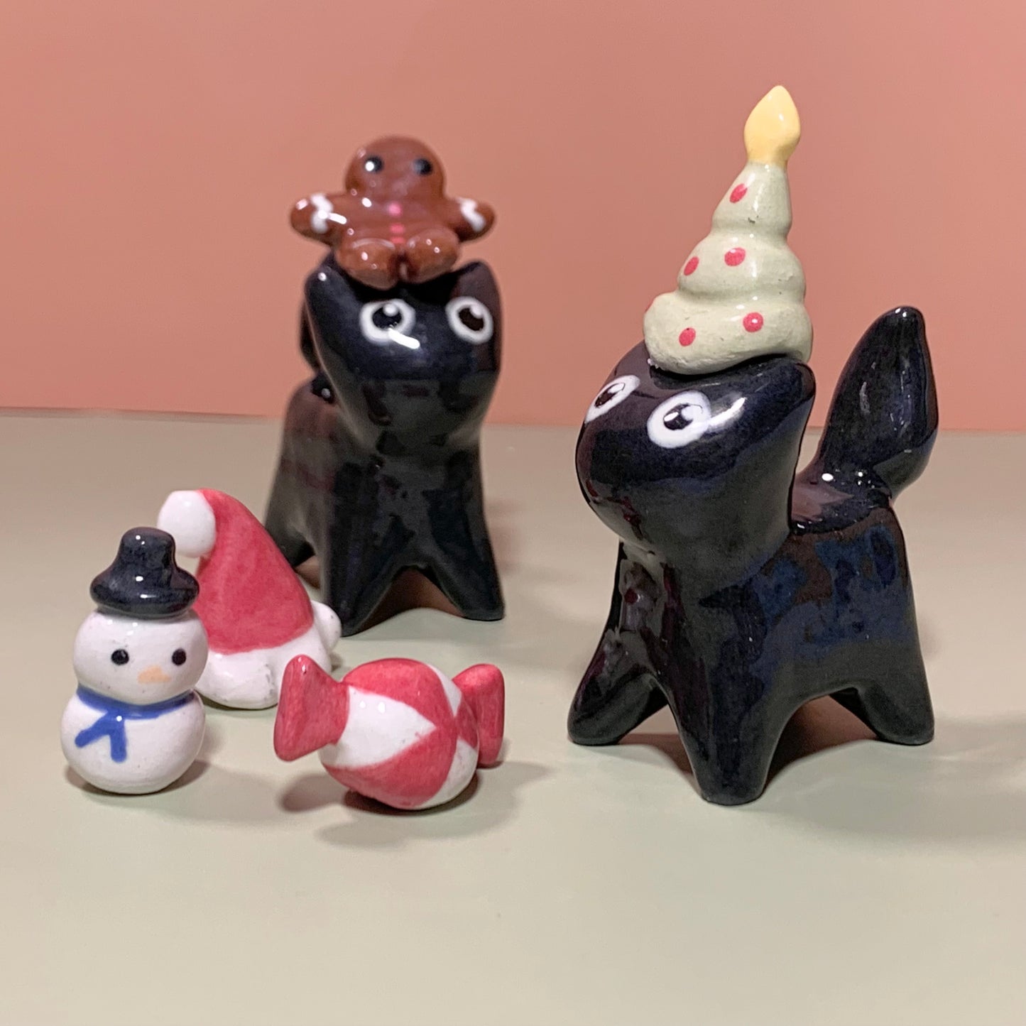 Santa Set Kitty Cat Ceramic Figurine with Magnetic Attachments