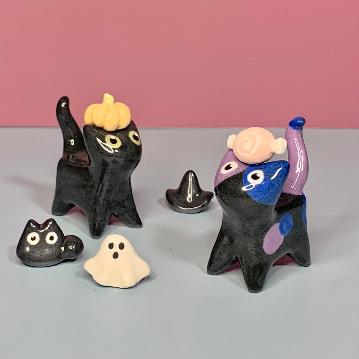 Halloween Set Kitty Cat Ceramic Figurine with Magnetic Attachments