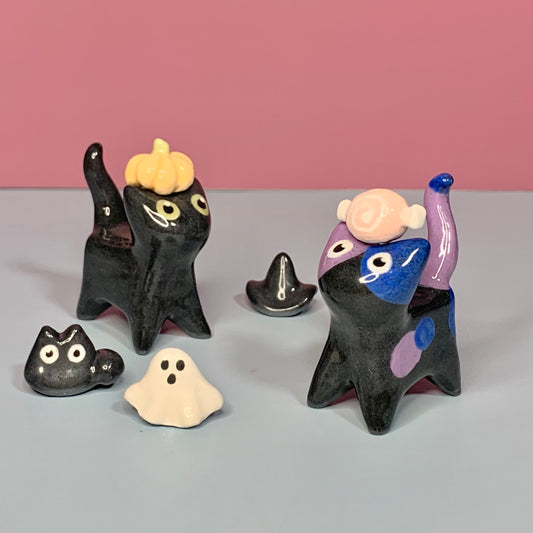 Halloween Set Kitty Cat Ceramic Figurine with Magnetic Attachments