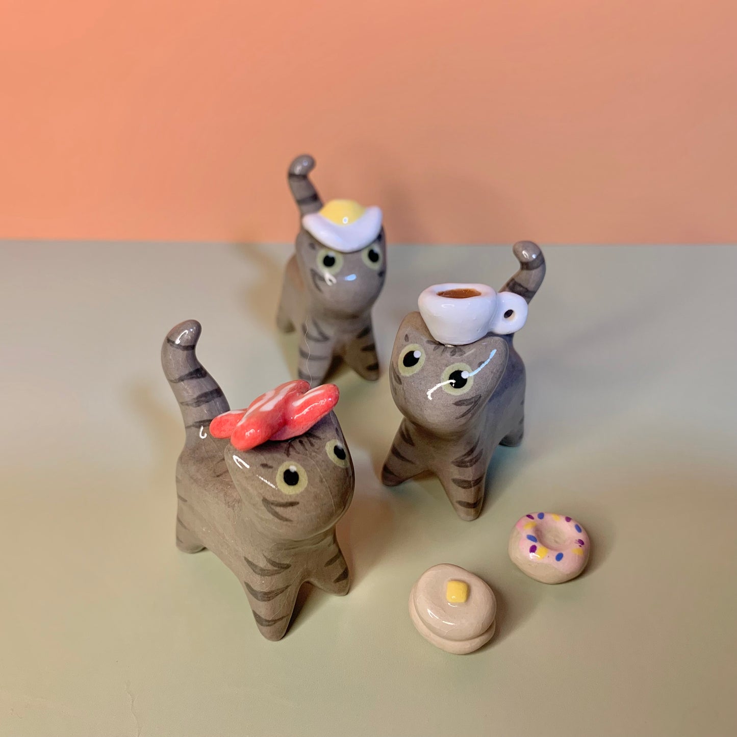 Breakfast Set Kitty Cat Ceramic Figurine with Magnetic Attachments