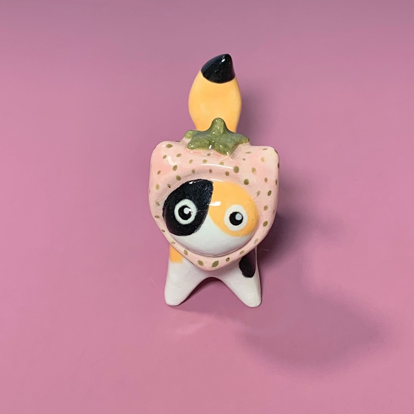 Strawberry Kitty Cat Ceramic Figurine