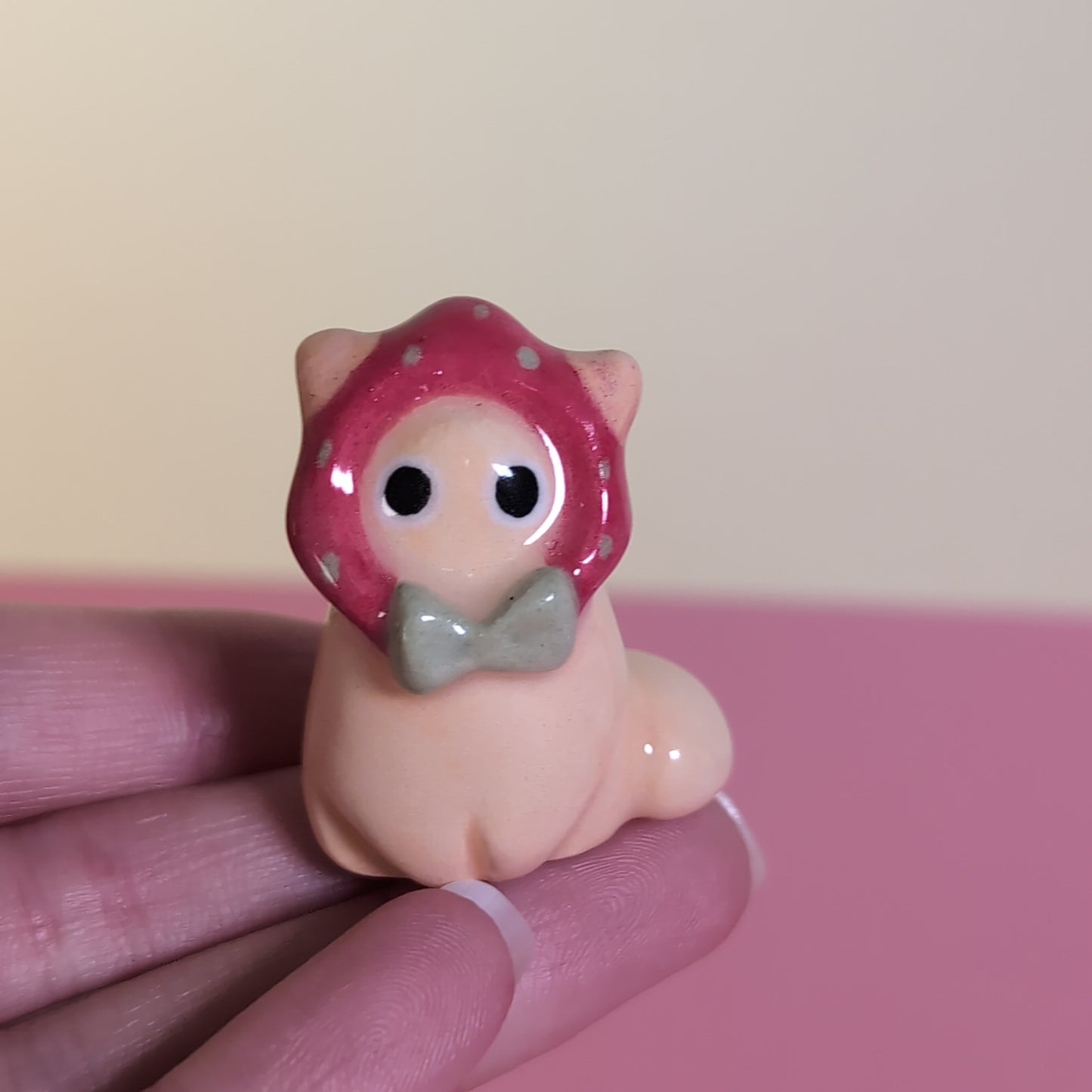 Mini Strawberry Kitty Cat Ceramic Figurine