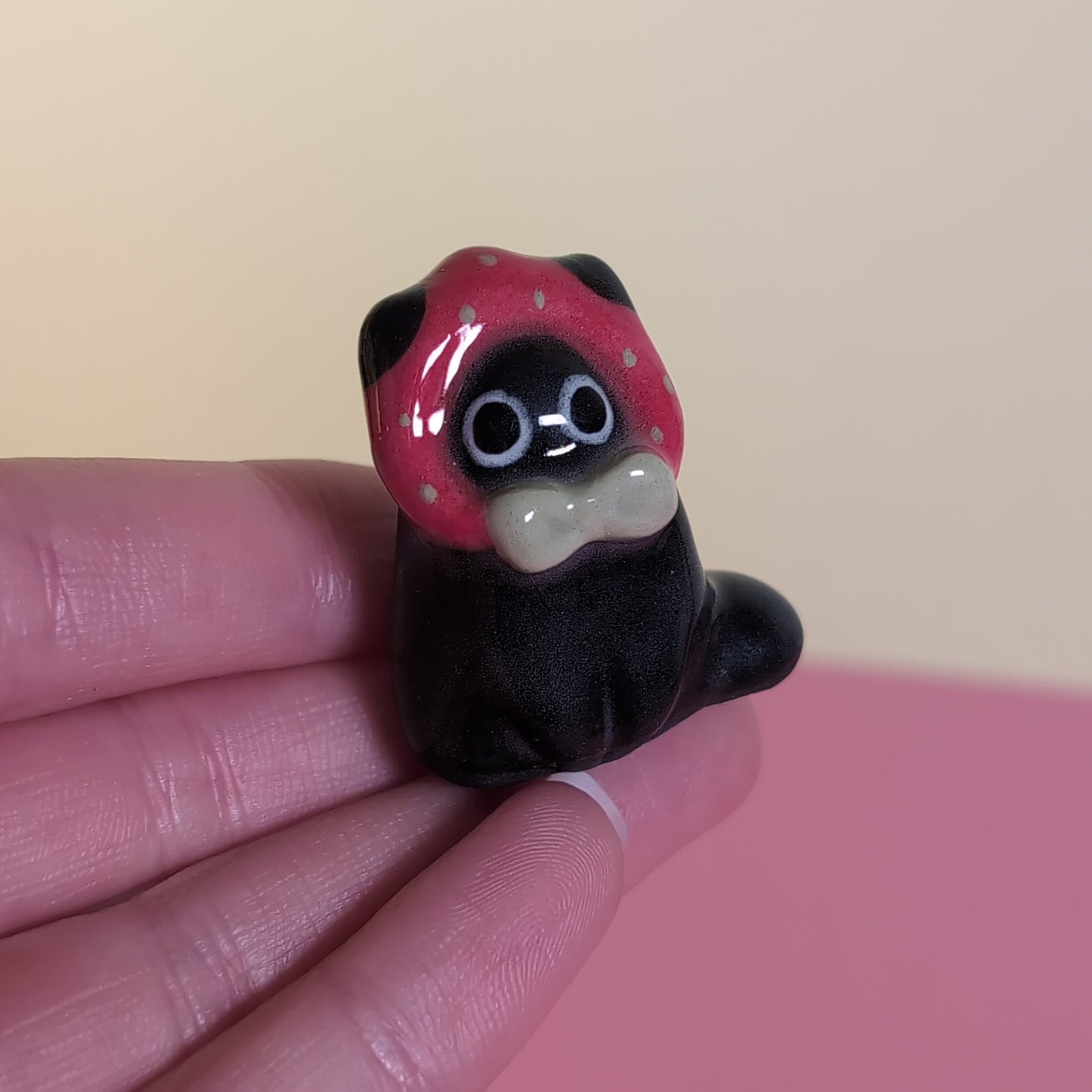 Mini Strawberry Kitty Cat Ceramic Figurine