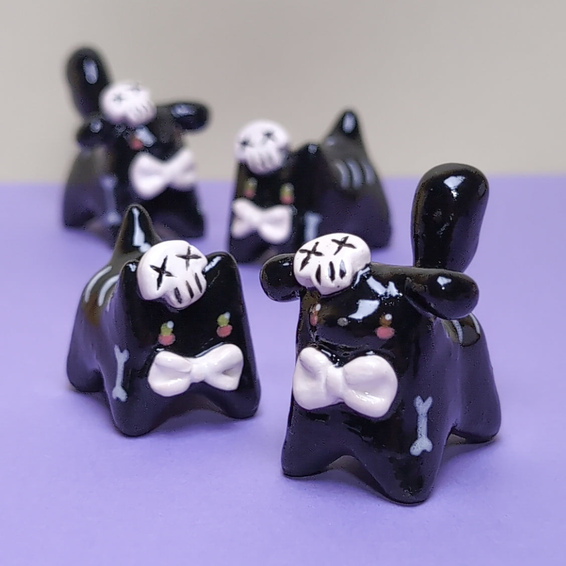 Mini Skeleton Puppy & Cat Ceramic Figurines
