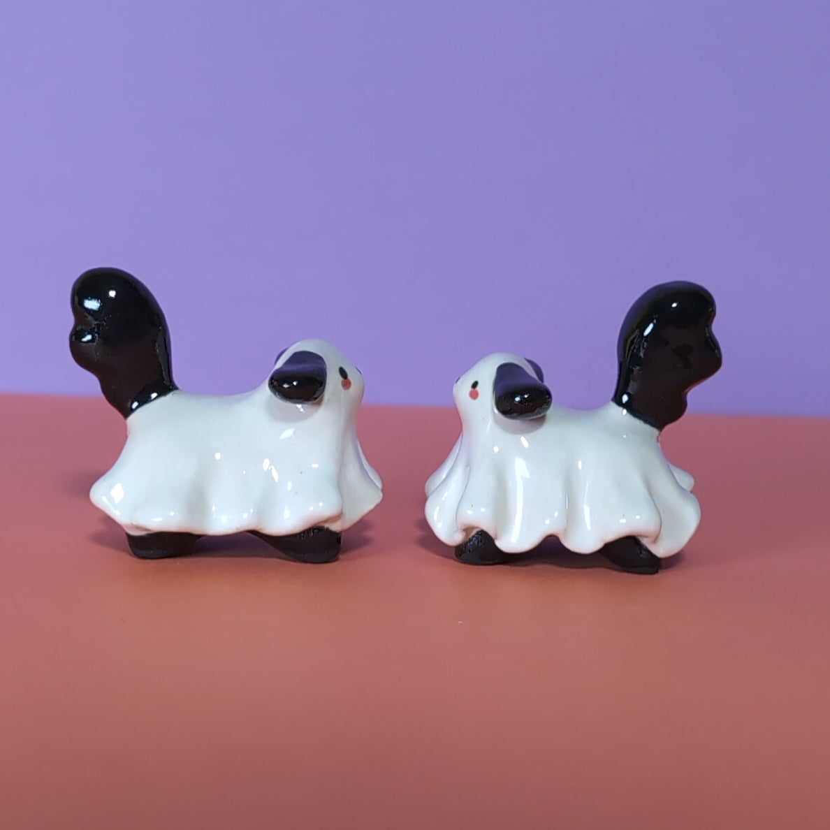 Mini Ghost Puppy & Cat Ceramic Figurines