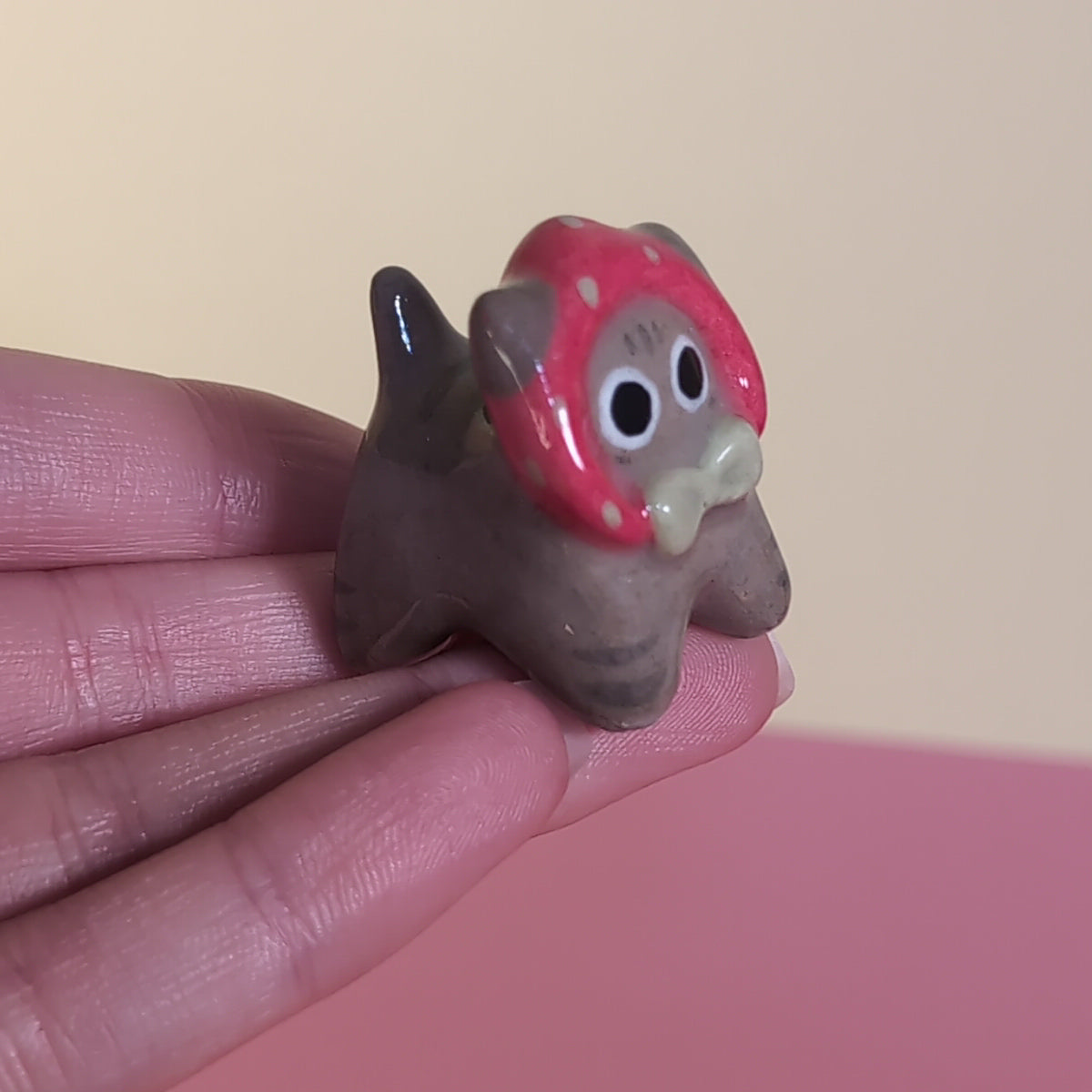 Mini Strawberry Kitty Cat Ceramic Figurine