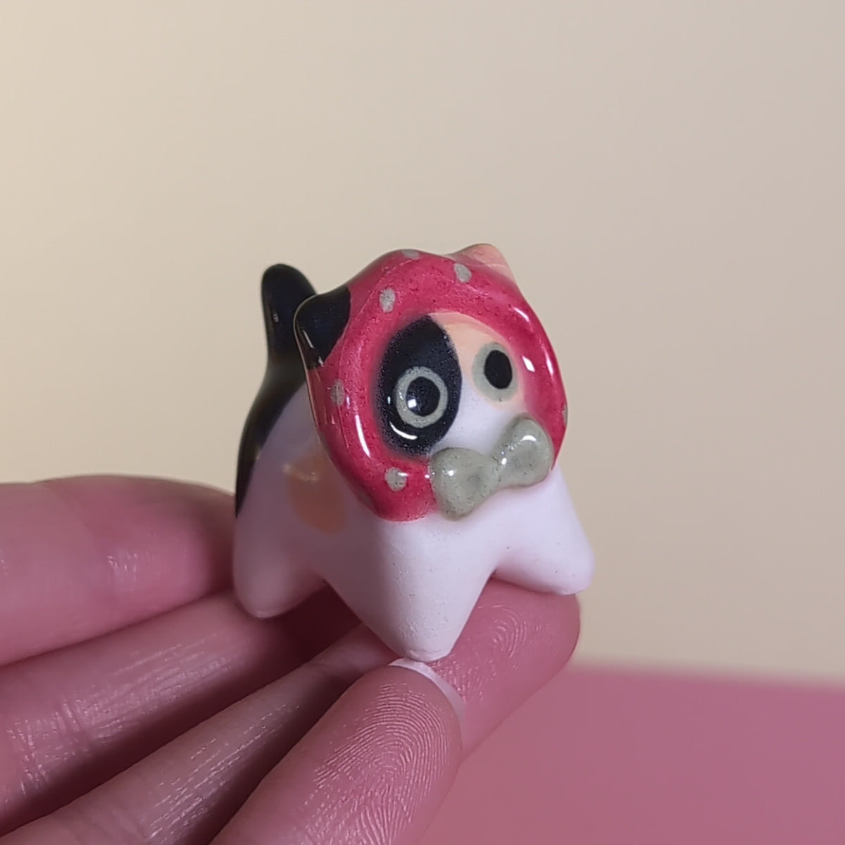 Mini Strawberry Kitty Cat Ceramic Figurine