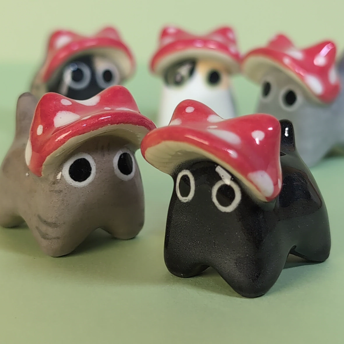 Mini Mushroom Kitty Cat Ceramic Figurine
