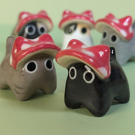 Mini Mushroom Kitty Cat Ceramic Figurine