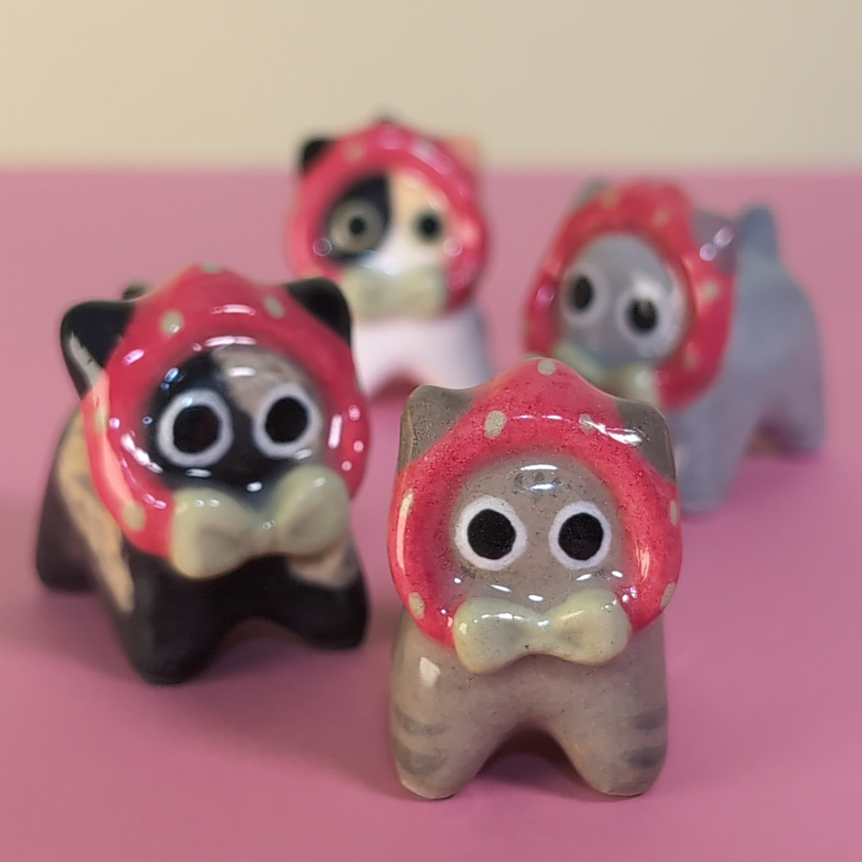 Mini Strawberry Kitty Cat Ceramic Figurine