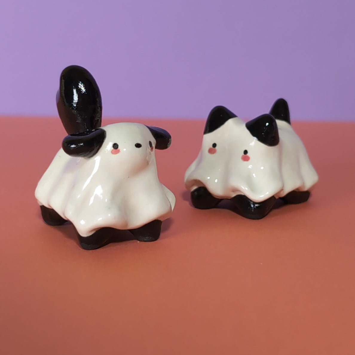 Mini Ghost Puppy & Cat Ceramic Figurines