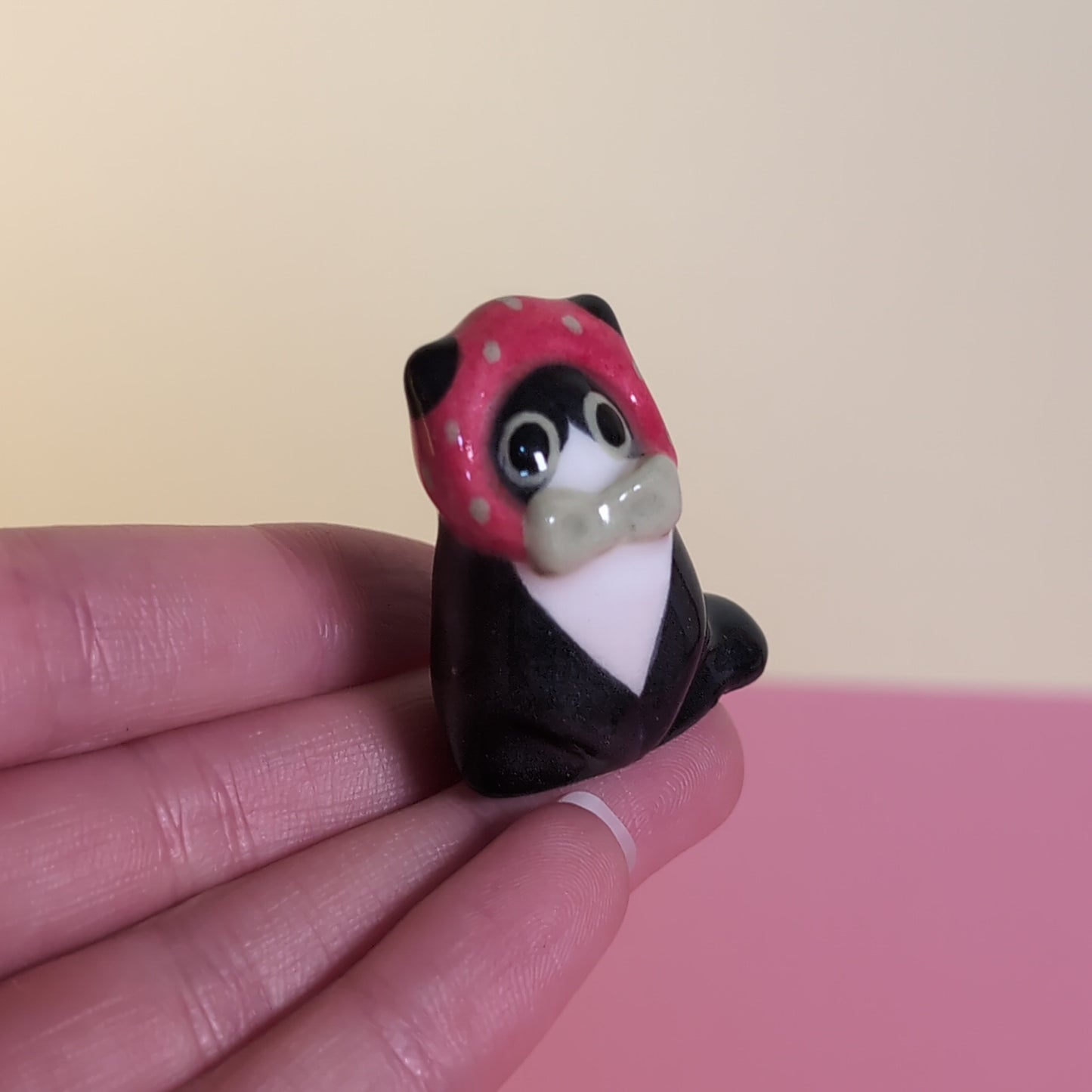 Mini Strawberry Kitty Cat Ceramic Figurine