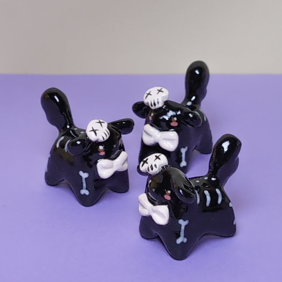 Mini Skeleton Puppy & Cat Ceramic Figurines